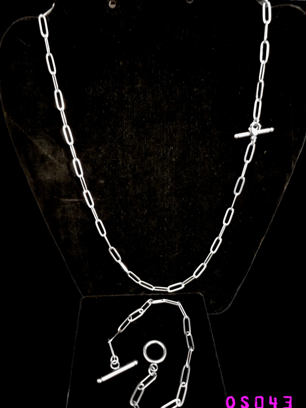 Polished Silver Tone Toggle Paperclip Necklace & Bracelet Set